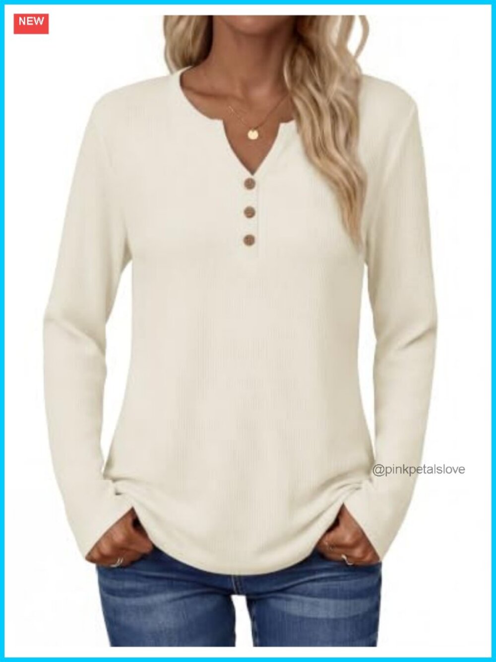 Waffle Knit Long Sleeve Henley V Neck Tunic Top Casual Fall Winter